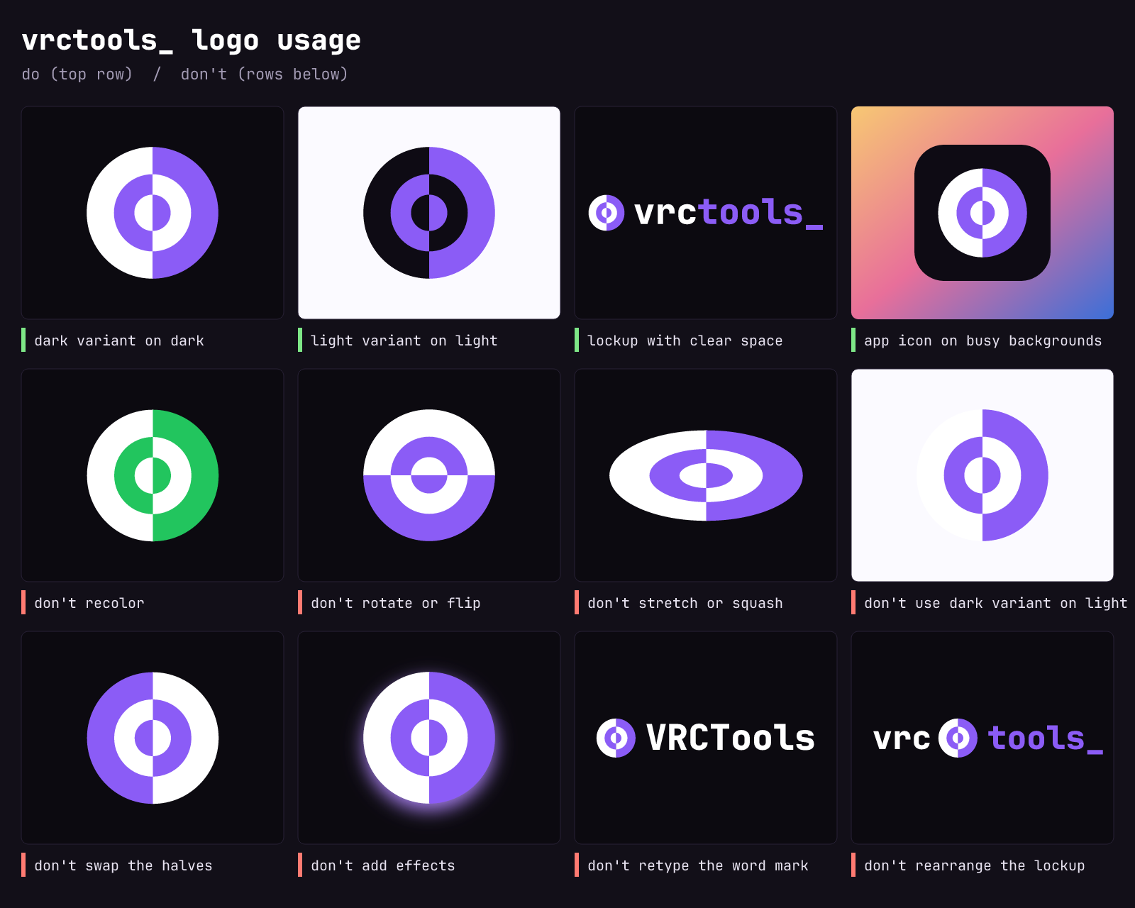Do and don't examples for the VRCTools logo